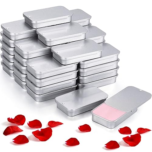 Norme 40 Pcs Small Slide Top Tin Lip Balm Tins with Lids Rectangular Metal Tins Containers for Lip Balm Candies Jewelry Crafts Pills Storage Kit(Silver, 2.36 x 1.38 x 0.39 Inch)