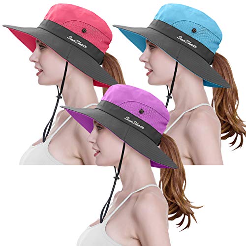 3 Pieces Womens Ponytail Wide Brim Sun Hat Packable UV Protection Beach Cap for Fishing & Hiking (Purple＆Watermelon Red＆Sky Blue)