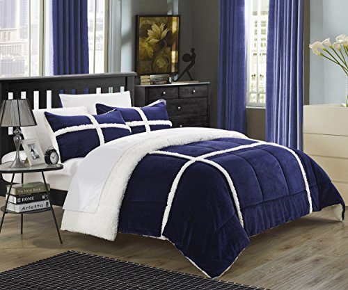 Chic Home 3 Piece Chloe Sherpa Comforter Set, Queen, Navy