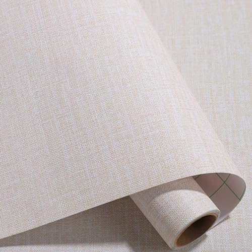 Yancorp 10ft Textured Fabric Cream Wallpaper Faux Grasscloth Beige Peel and Stick Self-Adhesive Linen Removable Wallpaper Cabinets Counter Top Liners