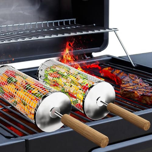 Ivtivfu Nesting Grill Baskets (2PCS, 2024 Upgraded) with Removable Wooden Handle, 304 Stainless Steel, Rolling Grilling Tube Net Mesh Accessories for Vegetables Shrimp, Gifts for Men Dad Husband, Outdoor BBQ Camping Picnic
