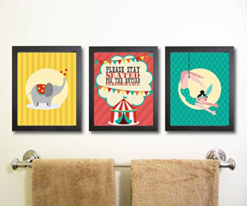 Silly Goose Gifts Fun Circus Bathroom Wall Art Decor (Set of Three) Please Stay Seated For The Entire Performance