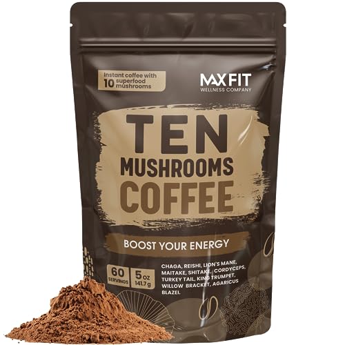 Mushroom Coffee Organic (60 Servings) 10 Mushrooms (Lion’s Mane, Cordyceps, Turkey Tail & Other) Mixed With Gourmet Arabica Instant Immune Boosting Coffee for Focus & Gut Health Support