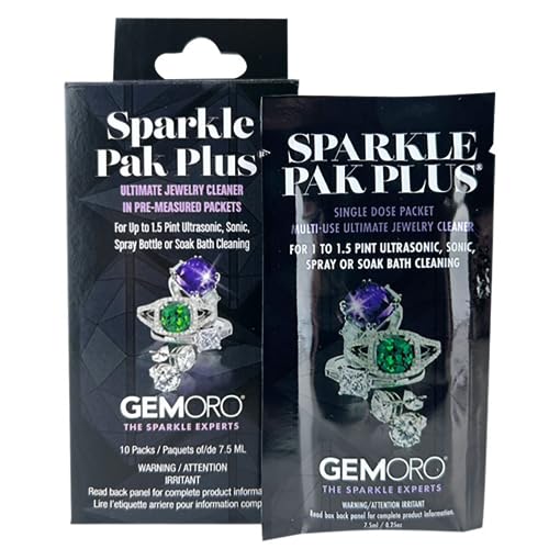 GemOro Sparkle Pak Plus Jewelry Cleaner Solution | 10 Premeasured Packets Ultrasonic & Sonic Machines or Spray Bottle & Soak Bath Jar | Professional Performance Rings Watches Glasses Earrings (10 pc)