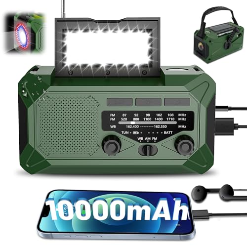 10000mAh Emergency Hand Crank Radio with LED Flashlight, AM/FM NOAA Portable Weather Alert Radio, Solar Powered Radio with Phone Charger, USB Charged, Headphone Jack, SOS Alarm, Compass for Outdoors