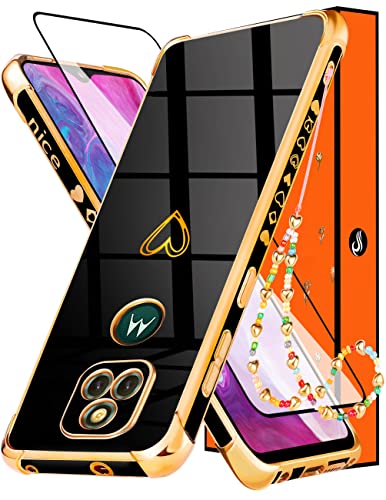 Petitian for Motorola Moto G Play 2021 Case for Women Girls, Heart Shaped Classy Girly Cute Aesthetic (3 in 1) Love Hearts Pattern Gold Plated Edges Cases for Moto G Play 2021 6.5 Inch (Black)