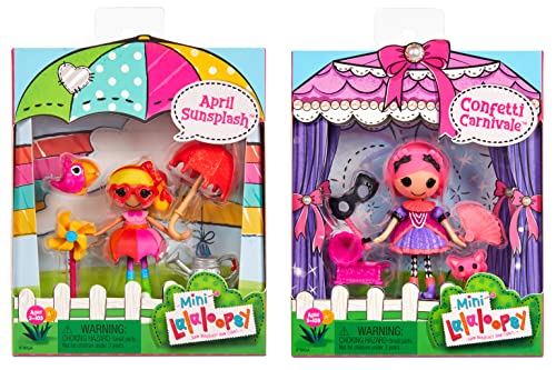 Lalaloopsy Mini TM Doll 2-Pack – Confetti Carnivale + April Sunsplash with Mini Pets Cat & Toucan, two 3” mini dolls with accessories, in reusable house package playset, for Ages 3-103
