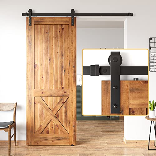 SKYSEN 6FT Sliding barn Door Hardware kit, Barn Door Track, 1/4” Thick Material- Combination Track- Smooth and Quiet- Easy to Install- Black (J Shape-5)