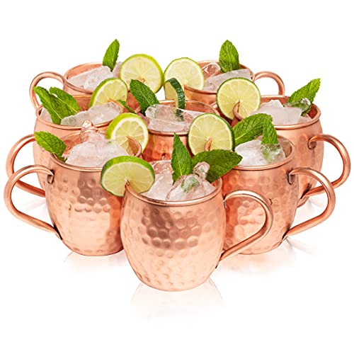 Kitchen Science Moscow Mule Copper Mugs Set of 8 (16oz) | Food Grade 100% Pure Copper Cups | Handcrafted w/Lacquered Hammered Finish, Smooth Rounded Lip, Ergonomic Handle (No Rivet) w/Solid Grip