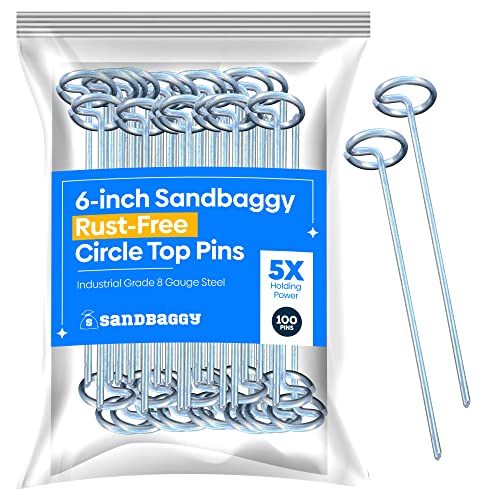 Sandbaggy 6-inch Circle Top Pins - Landscape Staples (Galvanized) - Garden Stakes for Landscaping, SOD, Weed Barrier Fabric - Heavy Duty Ground Stakes, Lawn Turf Spikes, Decorations (100 Pins)