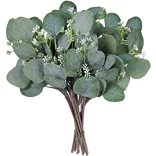 Supla 10 Pcs Artificial Seeded Eucalyptus Leaves Stems Bulk Artificial Silver Dollar Eucalyptus Leaves Plant in Grey Green 11.8' Tall Artificial Greenery Holiday Greens Wedding Greenery