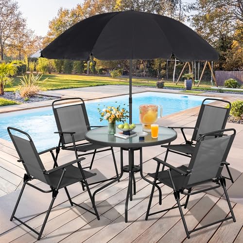 Vongrasig 6 Piece Folding Patio Dining Set,Small Metal Outdoor Garden Patio Table and Chair Set w/Umbrella for Lawn,Deck,Backyard,Black