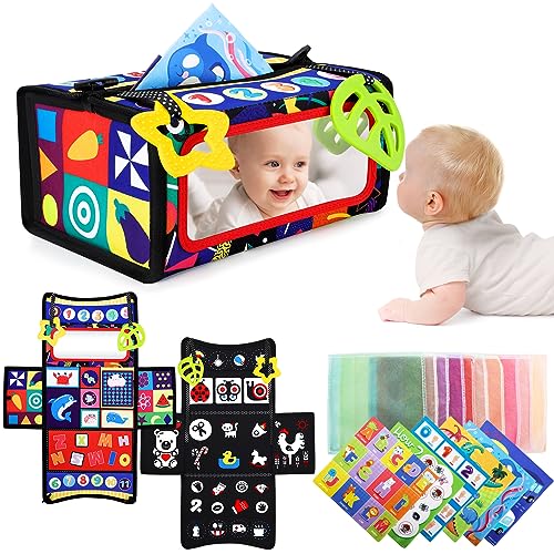 URMYWO Tummy Time Mirror Toys, 3 in 1 Baby Toys 0-6 6-12 Months Newborn Infant Sensory Montessori Toys with Colorful Silk Scarves and Teethers Black and White High Contrast Tissue Box Activity Gift