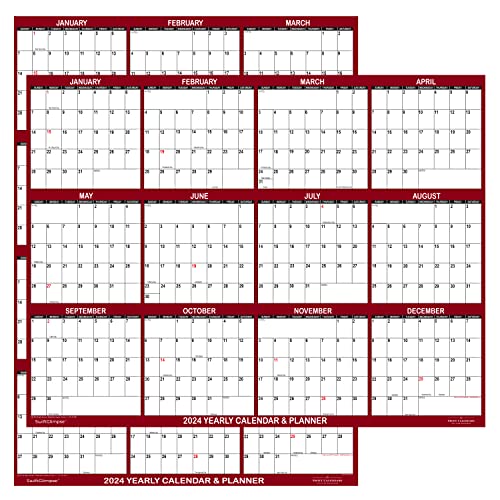 32' x 48' SwiftGlimpse 2024 Wall Calendar Erasable Jumbo XL Wet & Dry Erase Laminated 12 Month Annual Yearly Wall Planner, Reversible, Horizontal/Vertical, Maroon