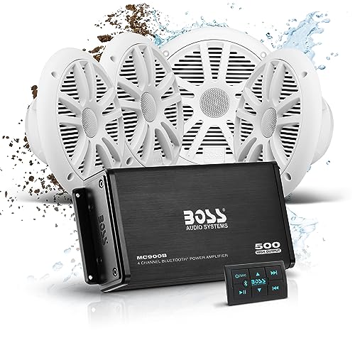 BOSS Audio Systems ASK904B.64 Marine Boat 6.5 inch Speakers and 4 Channel Amplifier - 500 High Output, Bluetooth Remote, USB and Auxiliary, Waterproof Pouch