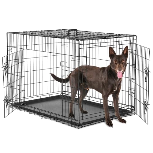 Sweetcrispy Large Dog Crate with Divider Panel, 36 Inch Double Door Folding Metal Wire Dog Cage with Plastic Leak-Proof Pan Tray, Pet Kennel for Indoor, Outdoor, Travel