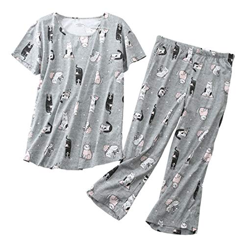 ENJOYNIGHT Women's Pajama Sets cotton Sleepwear Tops with Capri Pants Cute Pjs (Grey cat, X-Large)