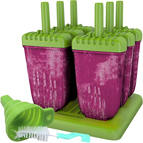 Popsicles Molds with Sticks for Summer Fun 6 Individual Pieces BPA Free Popsicle Holders for Kids Reusable Plastic Ice Pop Mold with Silicone Funnel and Cleaning Brush by Mamasicles