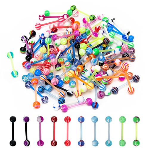 CrazyPiercing 100Pcs 14G Acrylic Tongue Rings, Multi Color Assortment Flexible Tongue Rings Barbells Mix Piercing