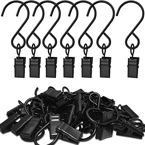 AMZSEVEN Stainless Steel S Hooks Curtain Clips, 50 Pack Hanging Party Lights Clips, Hangers Gutter Photo Camping Tents, Art Craft Display, Garden Courtyards Decoration, 3 Inch Long Black