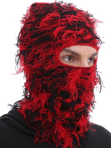 ROXUN Distressed Balaclava Ski Mask, Shiesty Yeat Airsoft Custom Camo Knitted Face Mask for Men/Women Red Mixed