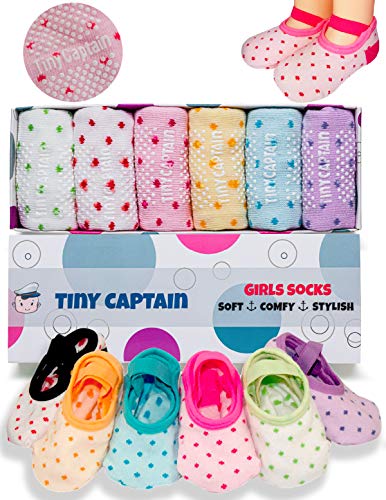 Tiny Captain Baby Toddler Girls Grip Socks 0-12, 1-3, 3-5 Year Old Anti Slip w/Strap Socks Girl 0-5 Yr Old Gift (as1, age, 0_month, 12_months, Rainbow - 6 Pairs)