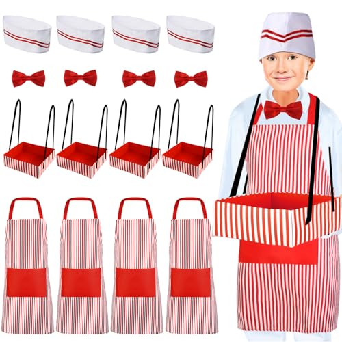 SATINIOR 16 Pcs Kids Waiter Costume Kit Soda Jerk Circus Costume Including Movie Night Snack Tray Hat Apron Tie for Carnivals Party Cosplay