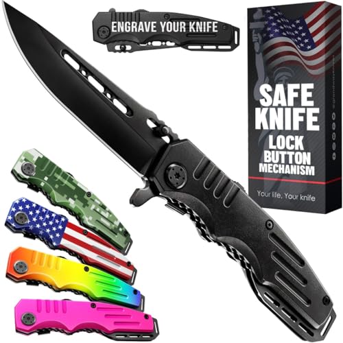 Safety Lock Pocket Knife - Spring Assisted 3.4-inch Sharp Blade - Folding Tactical Black Knife with Aluminum Handle - Ideal Knives for EDC Camping Hunting Survival - Birthday Gift for Men & Women 6681