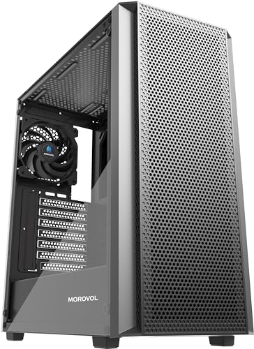 MOROVOL ATX PC Case, Mesh Front Panel Mid Tower Gaming PC Case, 4 Fans Preinstalled USB 3.0 Tempered Glass PC Case, Black Computer Case (P5)
