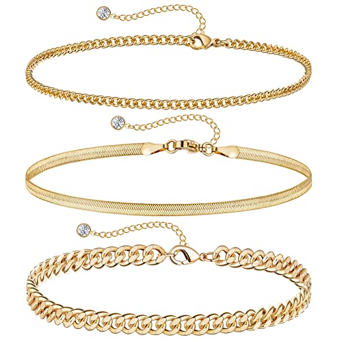 DEARMAY Gold Anklets for Women Waterproof 14K Gold Plated Cuban Link Layered Herringbone Cute Anklets Set Jewelry Gift for Women Teen Girls