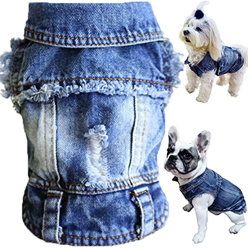 Brocarp Dog Jean Jacket, Blue Denim Lapel Vest Coat T-Shirt Costume Cute Girl Boy Dog Puppy Clothes, Comfort and Cool Apparel, for Small Medium Dogs Cats, Machine Washable Dog Outfits (Medium, Blue)