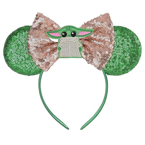 Seamoy Sequin Minnie Ears Headband,Mouse Ears Bow Headband, Park ears Princess, Sparkle Rose Gold Classic Red Mice Ears Headband for Women Girls (ST WARS-Green)