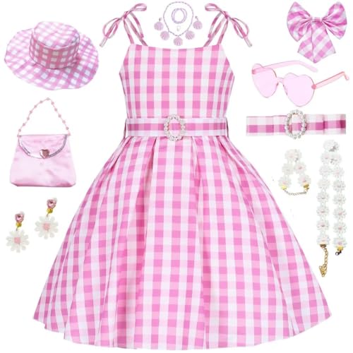 SZ-TONDA Girls Pink Plaid Costume Strap Dress - Kids 2023 Movie Cosplay Birthday Halloween Party Favors Outfit Clothes