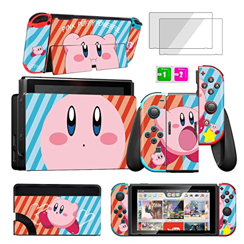 oqpa for Nintendo Switch OLED 2021 Skins Stickers for Girls Boys Kids Cute Kawaii Anime Cartoon Character Design Fun Decals with Tempered Glass Screen Protector for Nintendo Switch OLED(Blue Kiby)