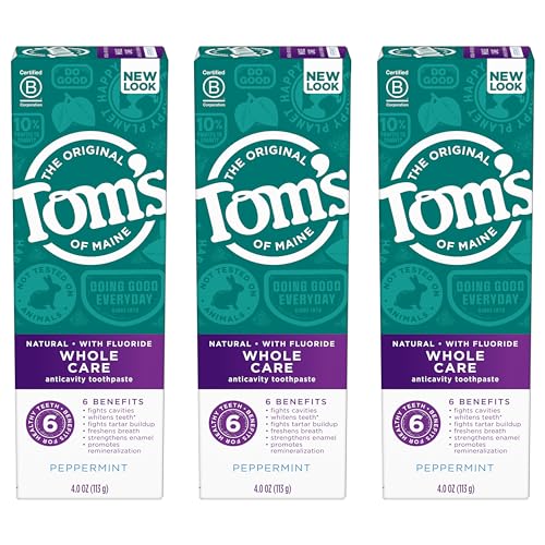 Tom's of Maine Whole Care Natural Toothpaste with Fluoride, Peppermint, 4 oz. 3-Pack (Packaging May Vary)