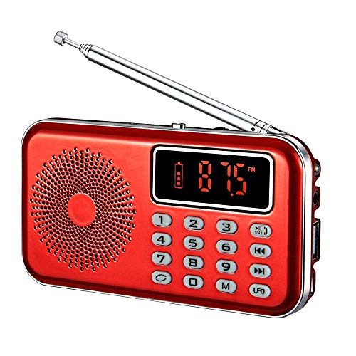 YMDJL Portable AM FM Radio with Bluetooth Speaker and SD Card Player,MP3 Player with Headphones Socket,Auto Scan Save,Rechargeable Battery Transistor Radio (Red)