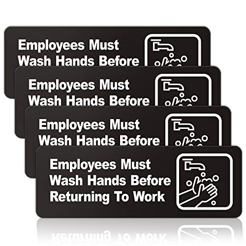 Employees Must Wash Hands Before Returning to Work Sign, (4 Pack) 9 x 3 Inch Acrylic Plastic Sign with Symbols, Self-adhesive, for Restaurant, Salons, Hotel, Motel, Rest Stops, Public Restrooms