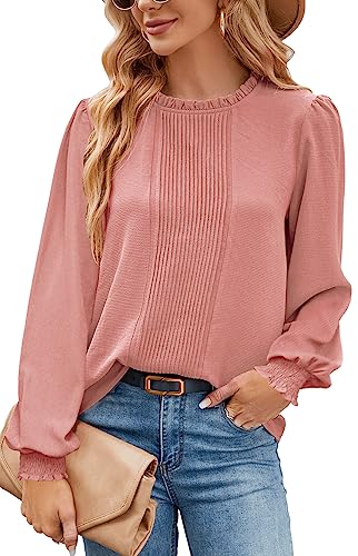 Aifer Dressy Tops for Women Work Business Casual Blouse Long Lantern Sleeve Spring Tops Crew Neck Office Fall Shirt Teacher Outfits Fashion 2024 Pink