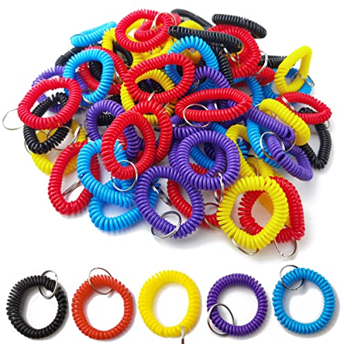 GXXMEI 100PCS Multicolor Plastic Stretchable Spiral Bracelet Wrist Coil Key Chains, Wrist Band Key Ring Chain for Office, Workshop, Shopping Mall, Sauna, Outdoor Sport