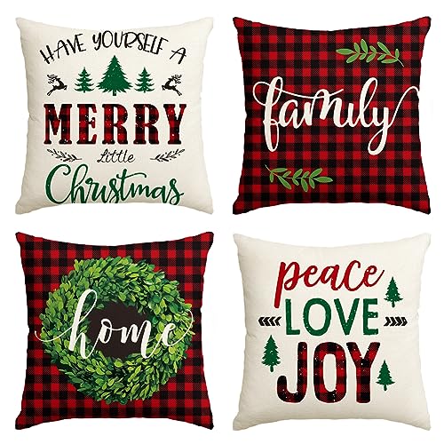 AVOIN Merry Christmas Saying Throw Pillow Cover Boxwood Wreath, 18 x 18 Inch Winter Holiday Buffalo Plaid Cushion Case for Sofa Couch Set of 4