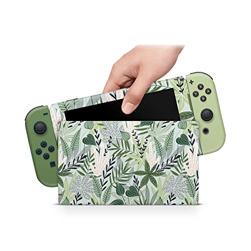 ZOOMHITSKINS OLED Switch Skin Pink, Compatible with Nintendo Switch OLED Skin Wrap, Botanical Green Leaves Boho Vintage Cute White Palm Grass, 3M Vinyl for Durable & Fit, Made in The USA