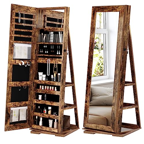 SDHYL Mirror Jewelry Cabinet, 360° Rotating Full Length Mirror with Storage Standing Mirror with Jewelry Storage, Jewelry Holder Organizer Makeup Storage with Lock for Girls, 63'x15', Rustic Brown