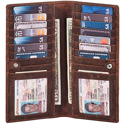 Long Wallet for Men Women Real Leather Bifold RFID Stylish Slim Handmade 2 ID Window Credit Card Holder in Gift Box (Cognac, Crazy Horse)
