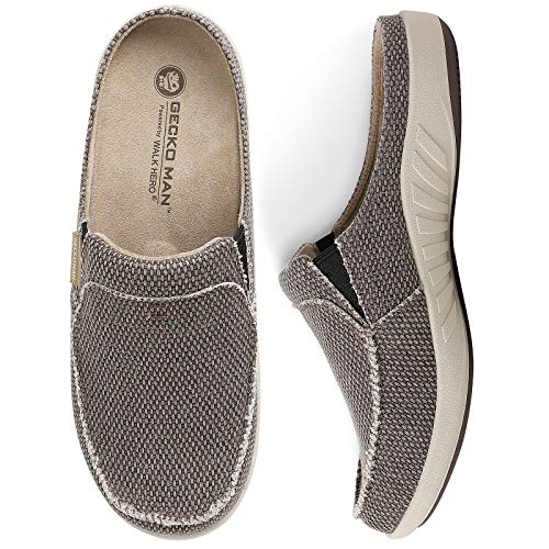 Mens House Slippers with Arch Support, Canvas House Slipper for Men with Suede Insole and Velvet Lining, Slip on Clog House Shoes with Indoor Outdoor Anti-Skid Rubber Sole, Brown