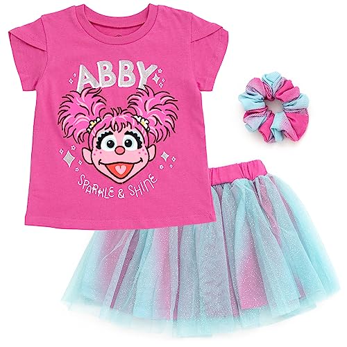 Sesame Street Abby Cadabby Toddler Girls T-Shirt Tulle Mesh Skirt and Scrunchie 3 Piece Outfit Set Purple/Blue 3T