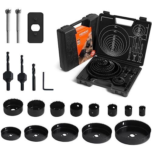 KENDO Hole Saw Set, 23PCS Hole Saw Kit with 3/4' to 6' (19mm-152mm) Saw Blades, Mandrels, Drill Bits, Installation Plate, Hex Key, Ideal for Soft Wood, Plastic, PVC Board, Drywall with Storage Case