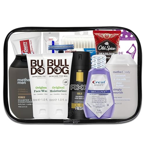 Mens Travel Toiletries Kit, Travel Bag of Hygiene Essentials for Bath, Shaving and Personal Care, 12 Mini TSA approved items in Reusable Zipper Bag, with Bonus Zompo-Z Tissue Packet