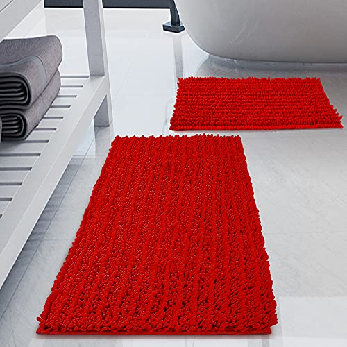 H.VERONNEX Luxury Chenille Red Bathroom Rugs Sets 2 Piece, Thickened Hot Melt Rubber Bottom Bath Mats for Bathroom Non Slip,Bath Rugs Quick Dry Machine Washable for Shower Mat (32'x20'+17'x24')