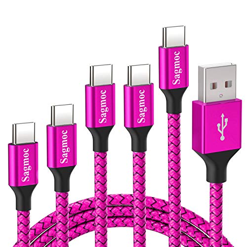Sagmoc Type C Charger Cable Hot Pink - USB C Charging Cord Compatible for Samsung S10 S9 S8 Plus, Note 8, LG V30 G6 G5, Pixel, Moto Z/Z2, etc,【5 Pack】 10FT 2X6FT 3FT 2FT Nylon Braided（Fuchsia Red）