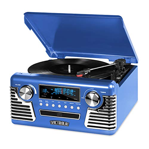 Victrola 50's Retro Bluetooth Record Player & Multimedia Center with Built-in Speakers - 3-Speed Turntable, CD Player, AM/FM Radio | Wireless Music Streaming | Blue